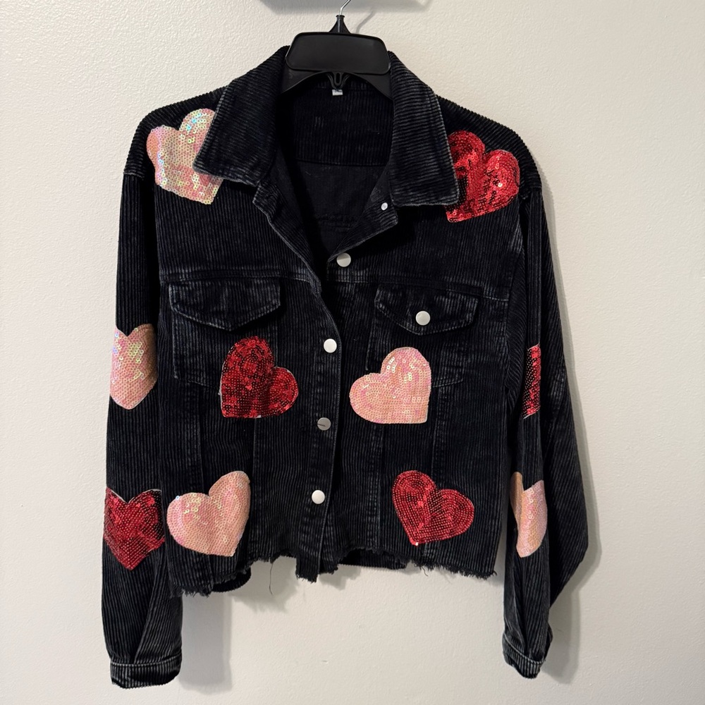 ❤️ Black and Red Sequin Heart Corduroy Jacket